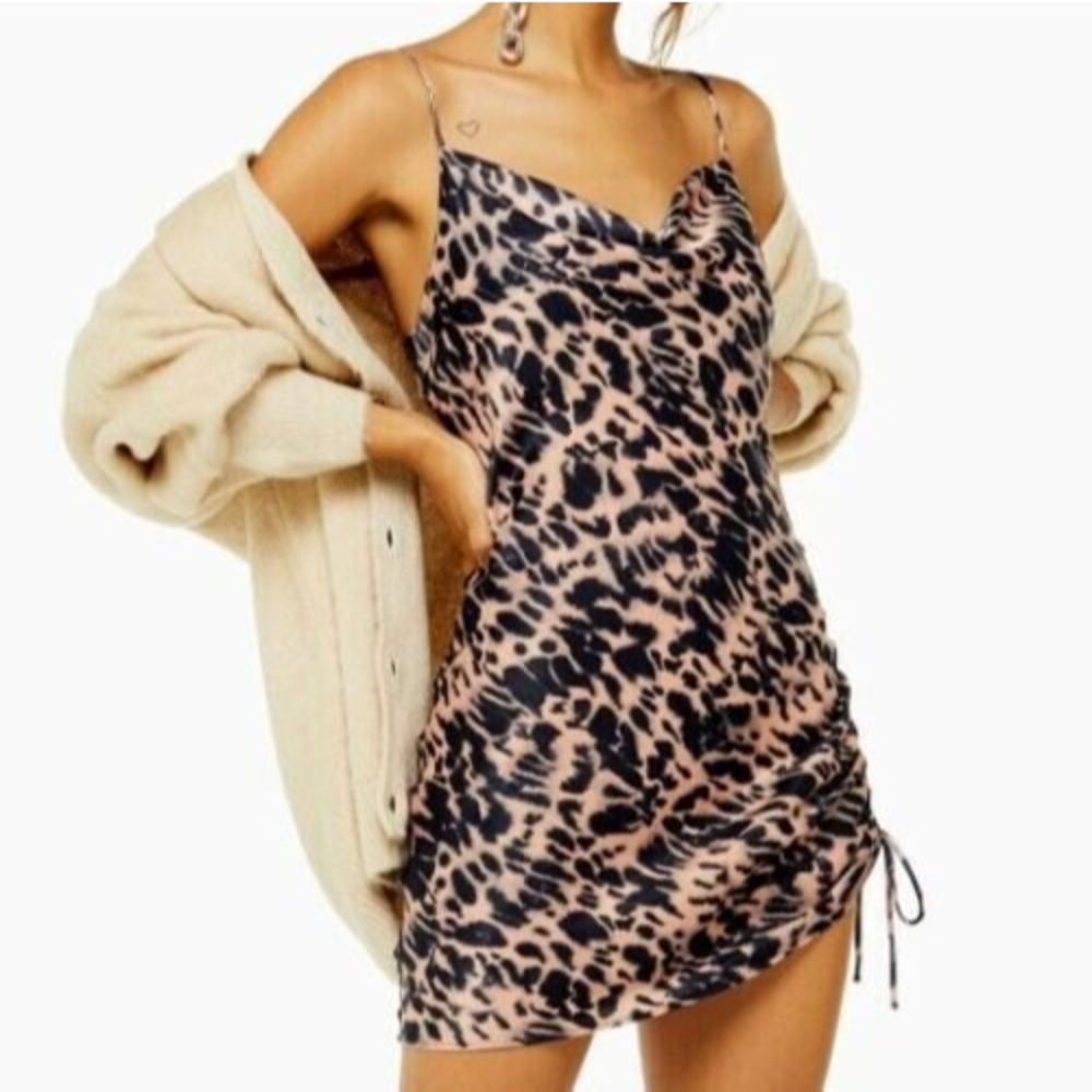 TOPSHOP Mini Slip Dress size 10 Brown Black Leopard Animal Print side cinch - Picture 1 of 10